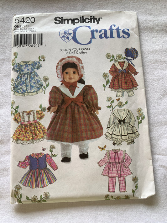 Simplicity Sewing Pattern 5420 18 Inch Doll Clothes, Pants, Top, Dress, Peter Pan Collar, Uncut, 2010