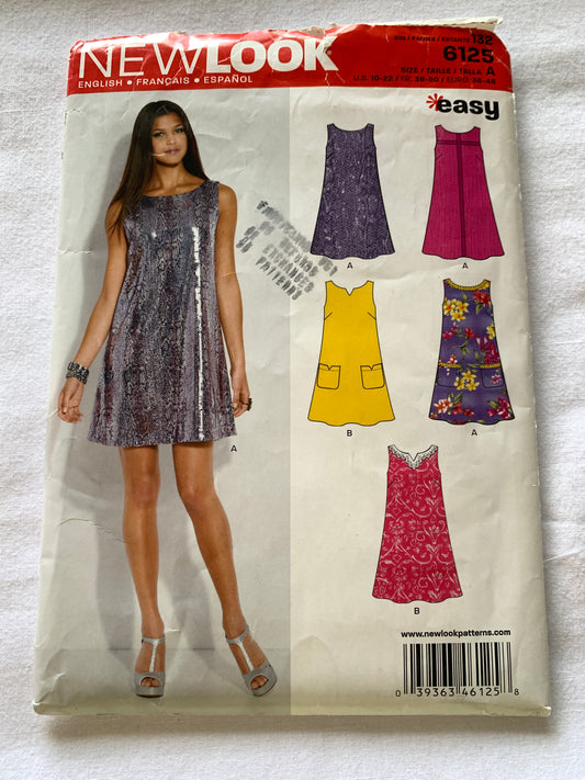 Simplicity New Look Sewing Pattern 6125 Misses' Dress, Pockets, Sleeveless, Zipper Back, Tie Ends, Size 10-22, Uncut, Vintage 1999