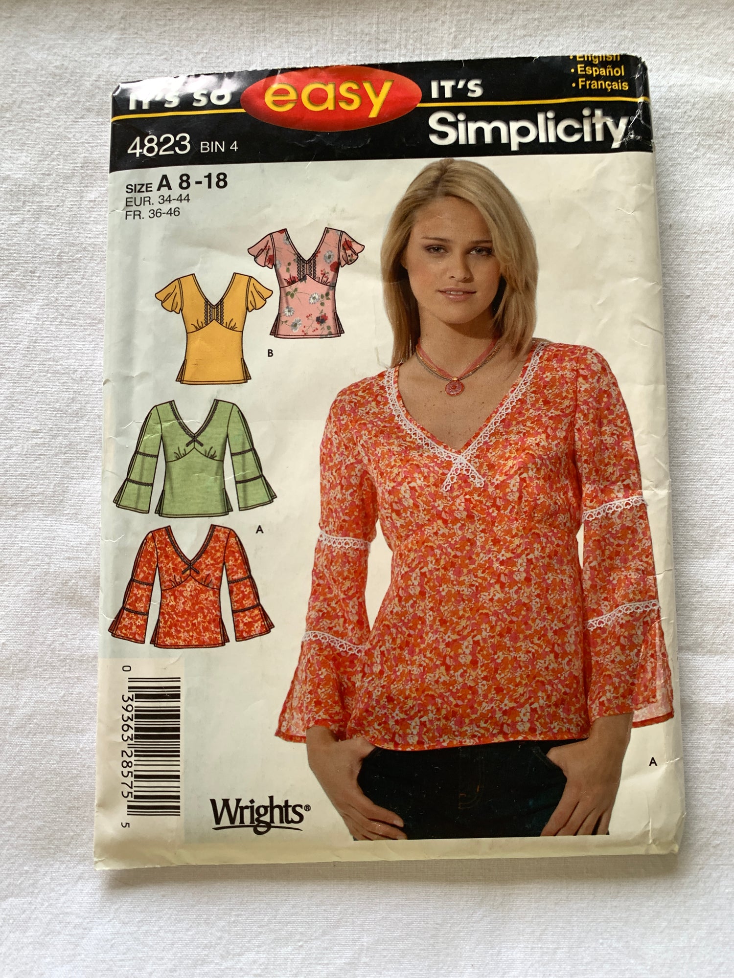 Simplicity Sewing Pattern 4823 Misses' Tops, Long/Short Sleeves, 2 Variations, Size 8-16, Uncut, 2003
