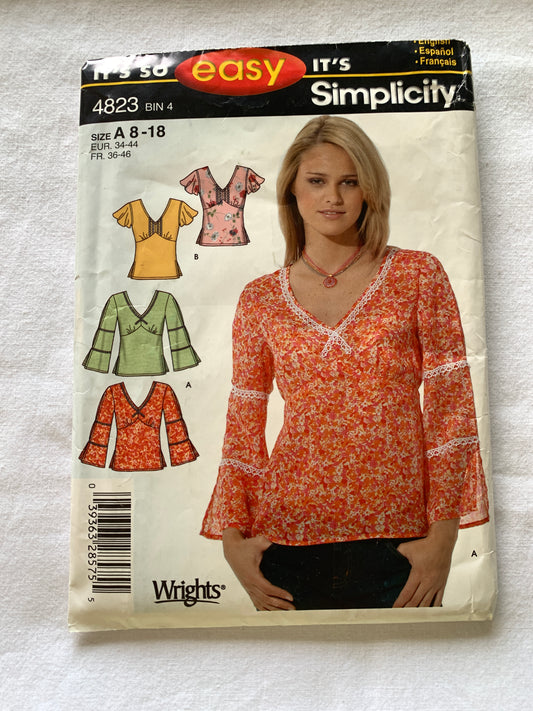 Simplicity Sewing Pattern 4823 Misses' Tops, Long/Short Sleeves, 2 Variations, Size 8-16, Uncut, 2003
