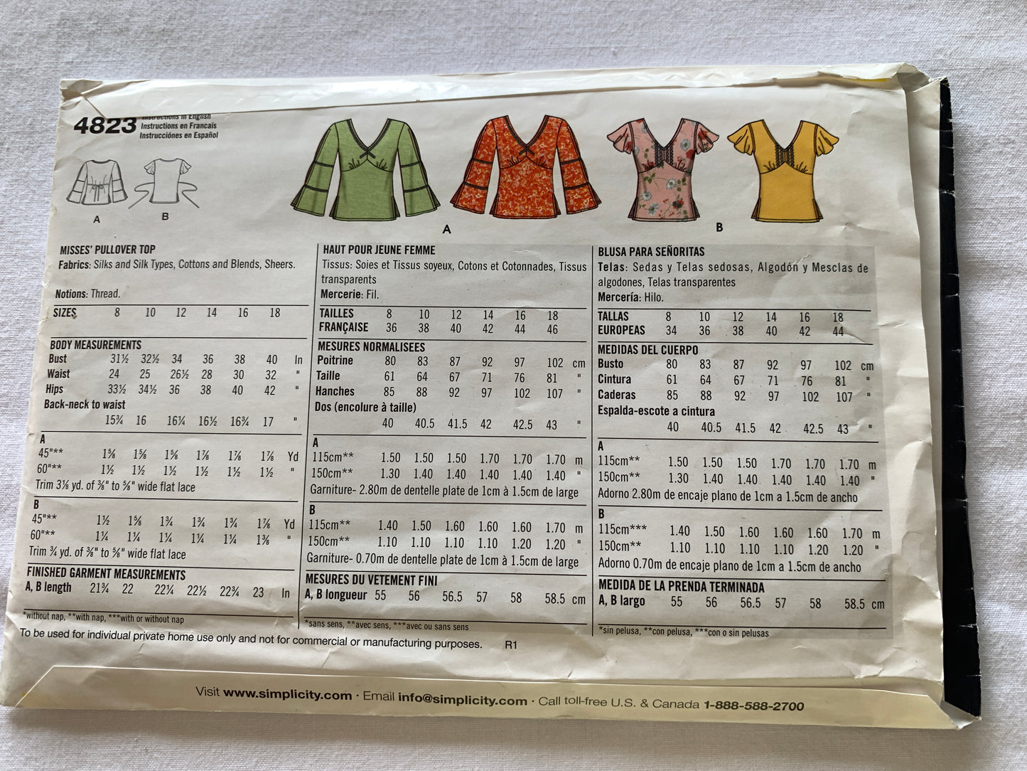Simplicity Sewing Pattern 4823 Misses' Tops, Long/Short Sleeves, 2 Variations, Size 8-16, Uncut, 2003