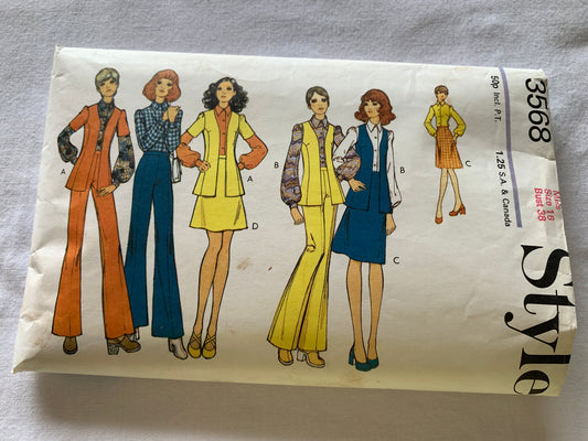 Style Sewing Pattern 3568 Misses' Cardigan, Blouse, Skirt, Two Lengths, Pants, Zipper, Size 16, Cut, Vintage 1972