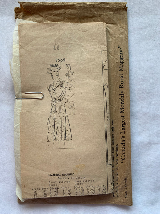 Country Guide Sewing Pattern 3562 Misses'/Women's Half Sizes Dress, Button Front, Short Sleeves, Darts,Loose Fitting, Collar, Size 16, Cut, Vintage 1930