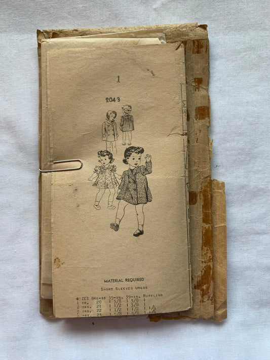 Country Guide Sewing Pattern 2043 Girls Dress, Coat, Button Front, Size 1, Cut, Vintage 1939