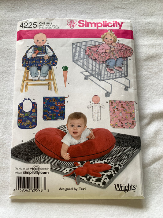 Simplicity Sewing Pattern 4225 Baby Accessories, Pillow Cover, Doll, Bib, Carrot, Pajamas, Cut, 2006
