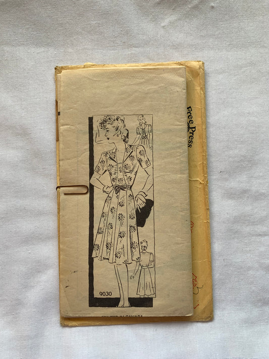Free Press Sewing Pattern 9030 Misses' Dress, Short Sleeves, Flard Skirt, Tie Belt, Size 16, Cut, Vintage 1940