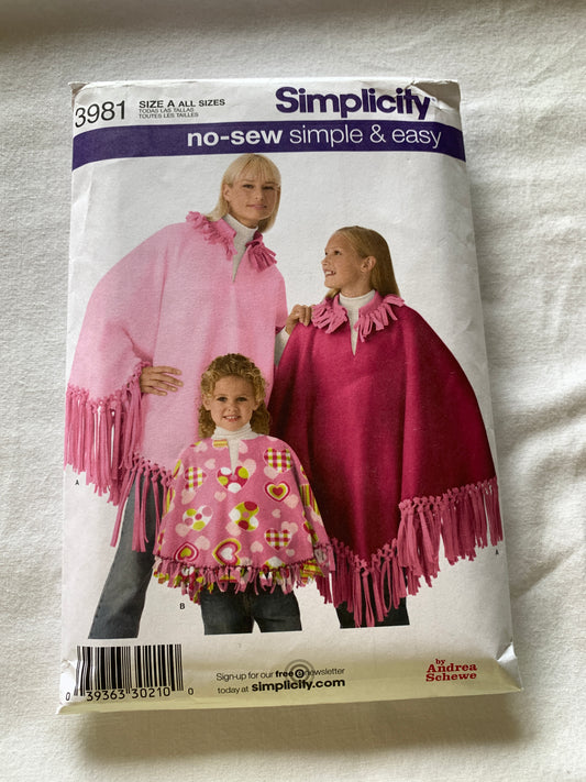 Simplicity Sewing Pattern 3981 Misses'/Girls' Poncho, Pullover, Two Lengths, Fringes, 3 Sizes, Child 2-4, Girls' 8-12', Misses' 10-16, Cut, 2006