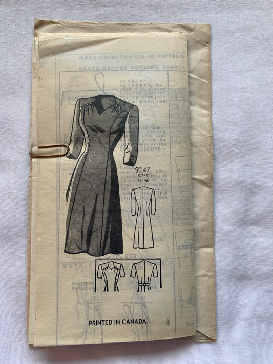 Free Press Sewing Pattern 9247 Misses' Dress, Long/Short Sleeves, Princess Seams, Size 16, Cut, Vintage 1947