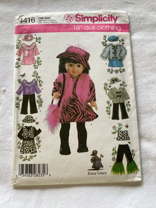 Simplicity Sewing Pattern 4416 Dolls Clothes 18 Inch, Jacket, Dress, Hat, Top, Pants, Cut, 2003