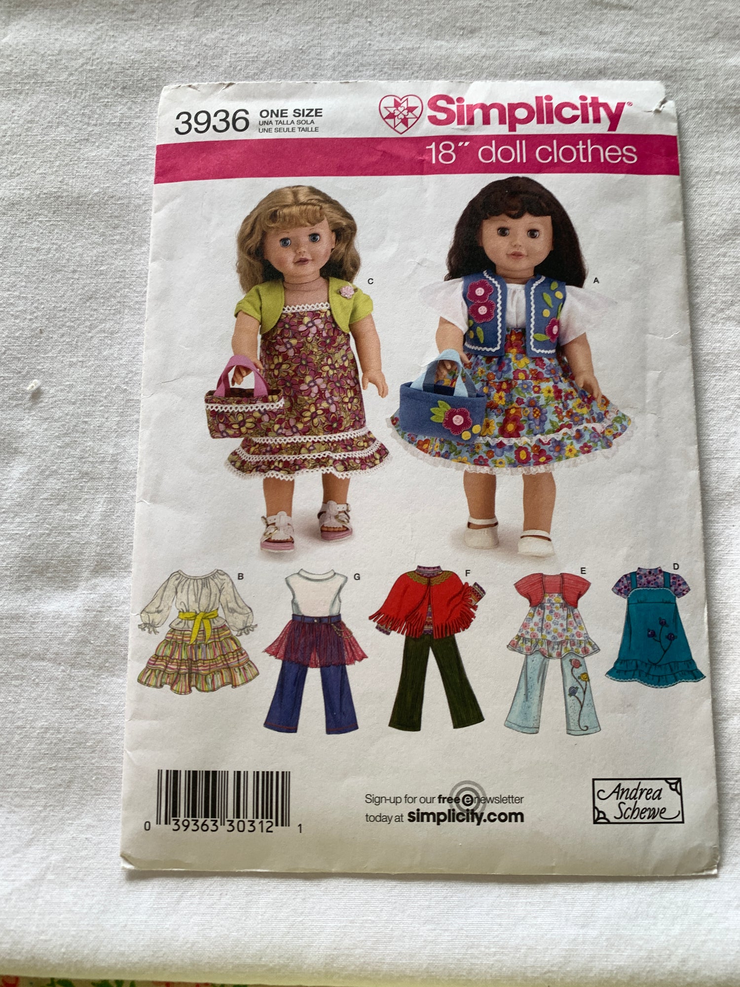 Simplicity Sewing Pattern 3936 Dolls Clothes 18 Inch, Dress, Bag, Skirt, Shirt, Top, Blouse, Bag, Shrug, Cut, 2006