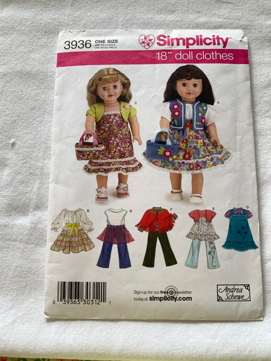 Simplicity Sewing Pattern 3936 Dolls Clothes 18 Inch, Dress, Bag, Skirt, Shirt, Top, Blouse, Bag, Shrug, Cut, 2006