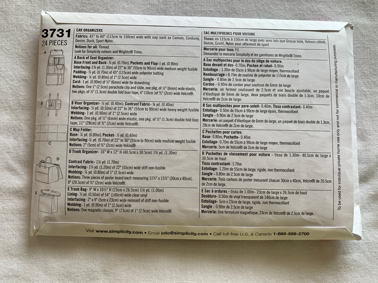 Simplicity Sewing Pattern 3731 Crafts, Car Organizer, Pockets, Water Pocket, Seat Cover, Trash Bag, Cut, 2007