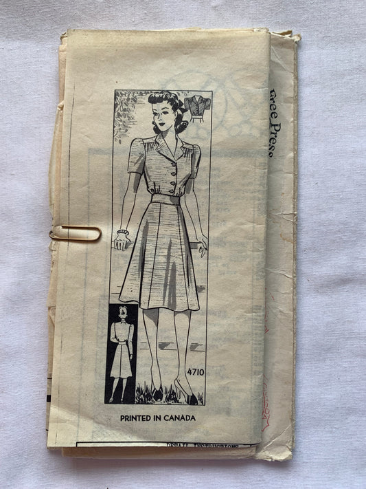 Free Press Sewing Pattern 4710 Misses' Dress, Short Sleeves, Flared Skirt, Button Front, Tie Belt, Size 16, Cut, Vintage 1942