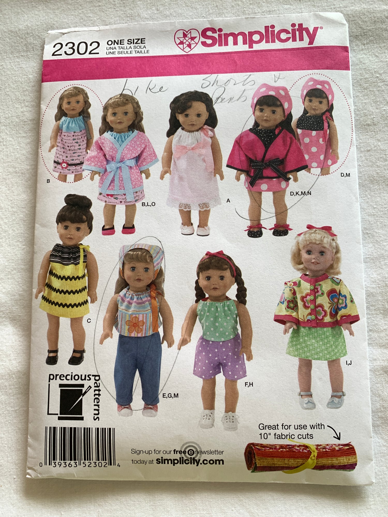 Simplicity Sewing Pattern 2302 Dolls Clothes 18 Inch, Dress, Top, Pants, Skirt, Robe, Scarf, Shoes, Ribbon, Cut, 2006 