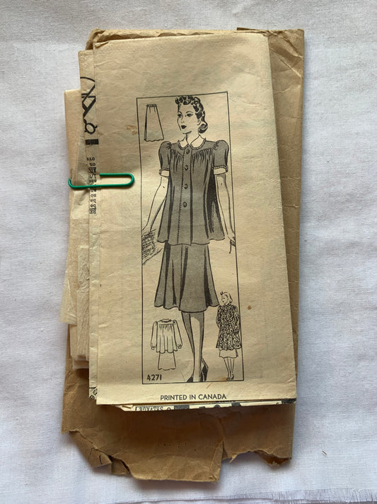 National Literary Guild Sewing Pattern 427115 Misses' Maternity Skirt, Top, Long/Short Sleeves, Button Front, Collar, Pockets, Size 16, Cut, Vintage 1945