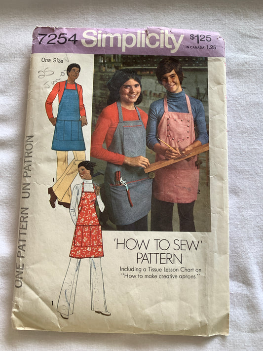 Simplicity Sewing Pattern 7254 Aprons, Men's/Misses', Two Lengths, Pocket, Neck Strap, Size One Size, Cut, Vintage 1975