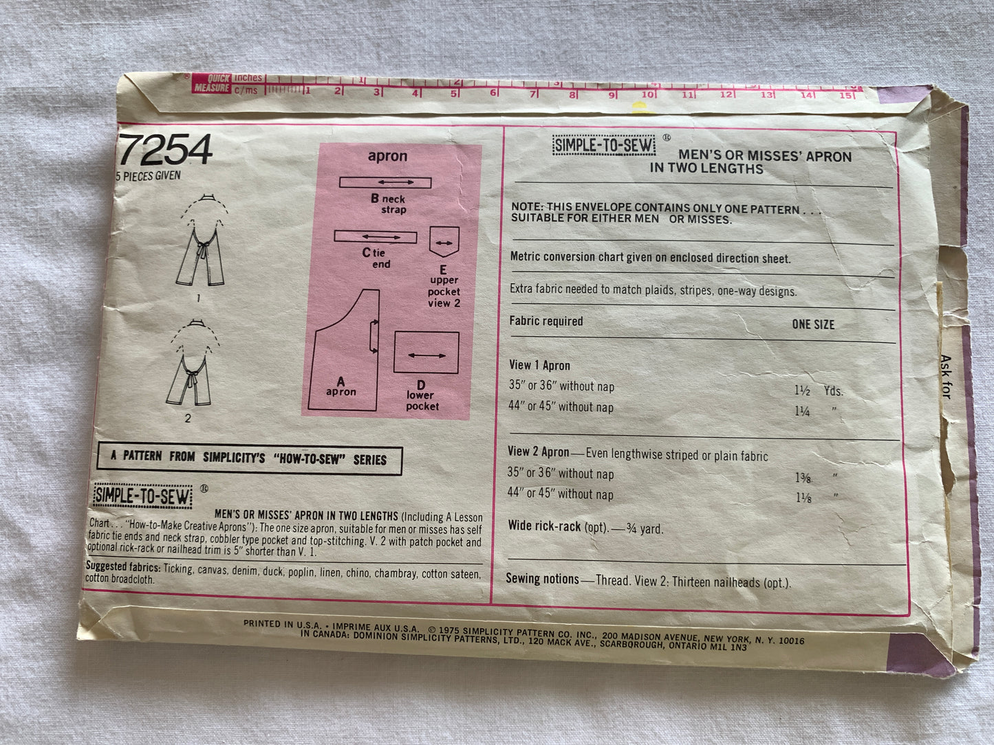 Simplicity Sewing Pattern 7254 Aprons, Men's/Misses', Two Lengths, Pocket, Neck Strap, Size One Size, Cut, Vintage 1975