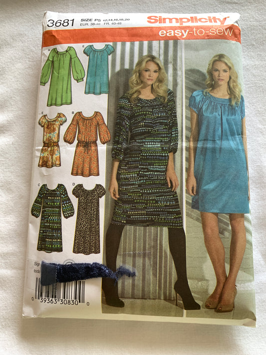 Simplicity Sewing Pattern 3681 Misses'/Petites' Dresses, Two Lengths, Long/Short Sleeves, Elastic Waist, Size 12-20, Cut, 2007