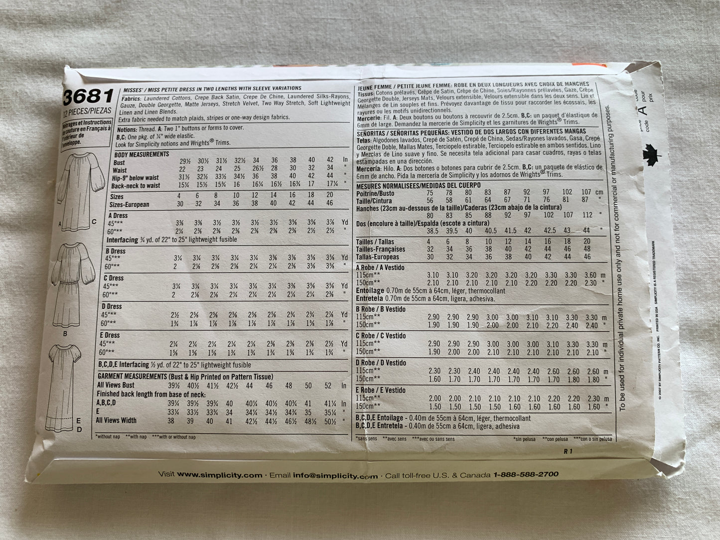 Simplicity Sewing Pattern 3681 Misses'/Petites' Dresses, Two Lengths, Long/Short Sleeves, Elastic Waist, Size 12-20, Cut, 2007