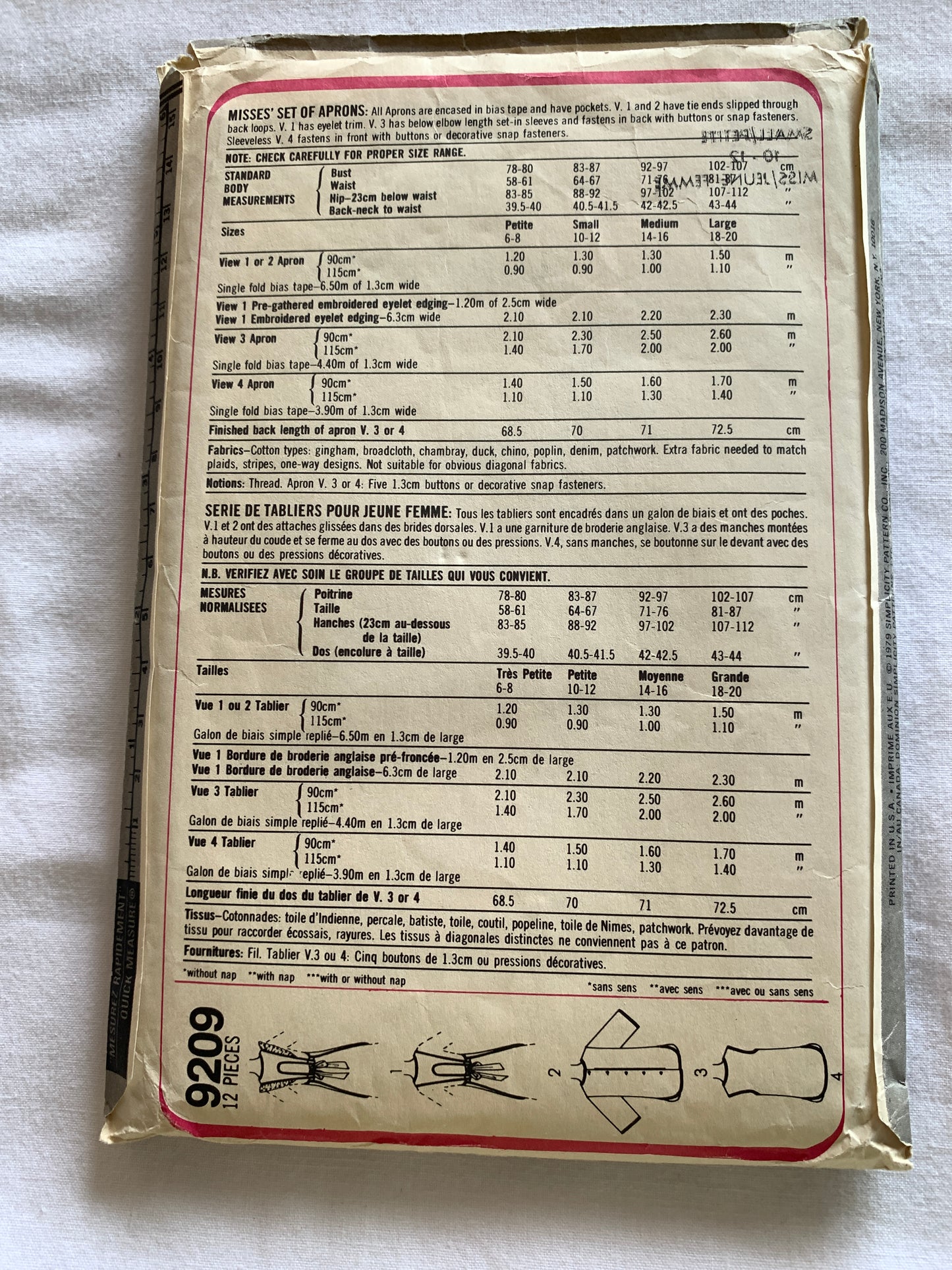 Simplicity Sewing Pattern 9209  Misses' Aprons, Pockets, Tie Ends, Button Back/Front, Over The Head, Size 10-12, Cut, Vintage 1979