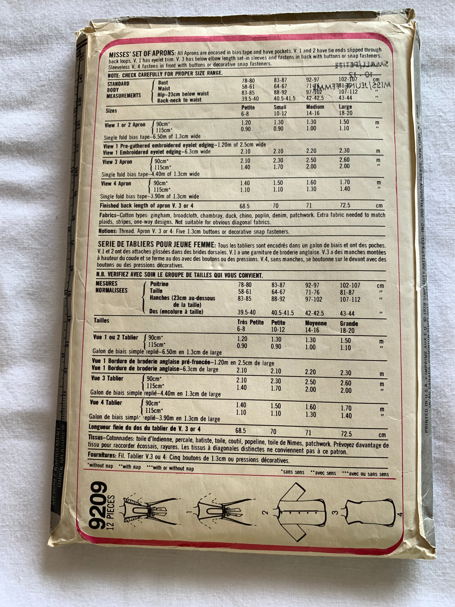 Simplicity Sewing Pattern 9209  Misses' Aprons, Pockets, Tie Ends, Button Back/Front, Over The Head, Size 10-12, Cut, Vintage 1979