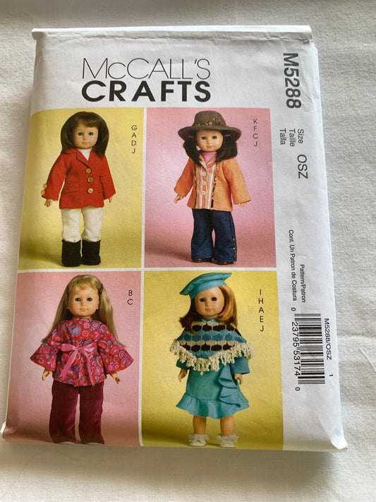 McCall's Sewing Pattern M5288 18 Inch Doll Clothes, Pants, Top, Skirt, Jacket, Beret, Boot, Cut, 2008
