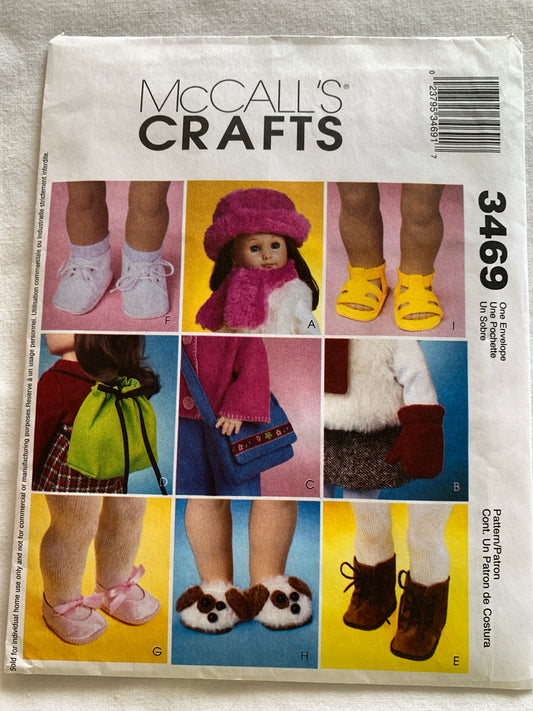 McCall's Sewing Pattern 3469 18" Doll Clothes, Hat Scarf, Mittens, Backpack, Sneakers, Boots, Cut, 2001