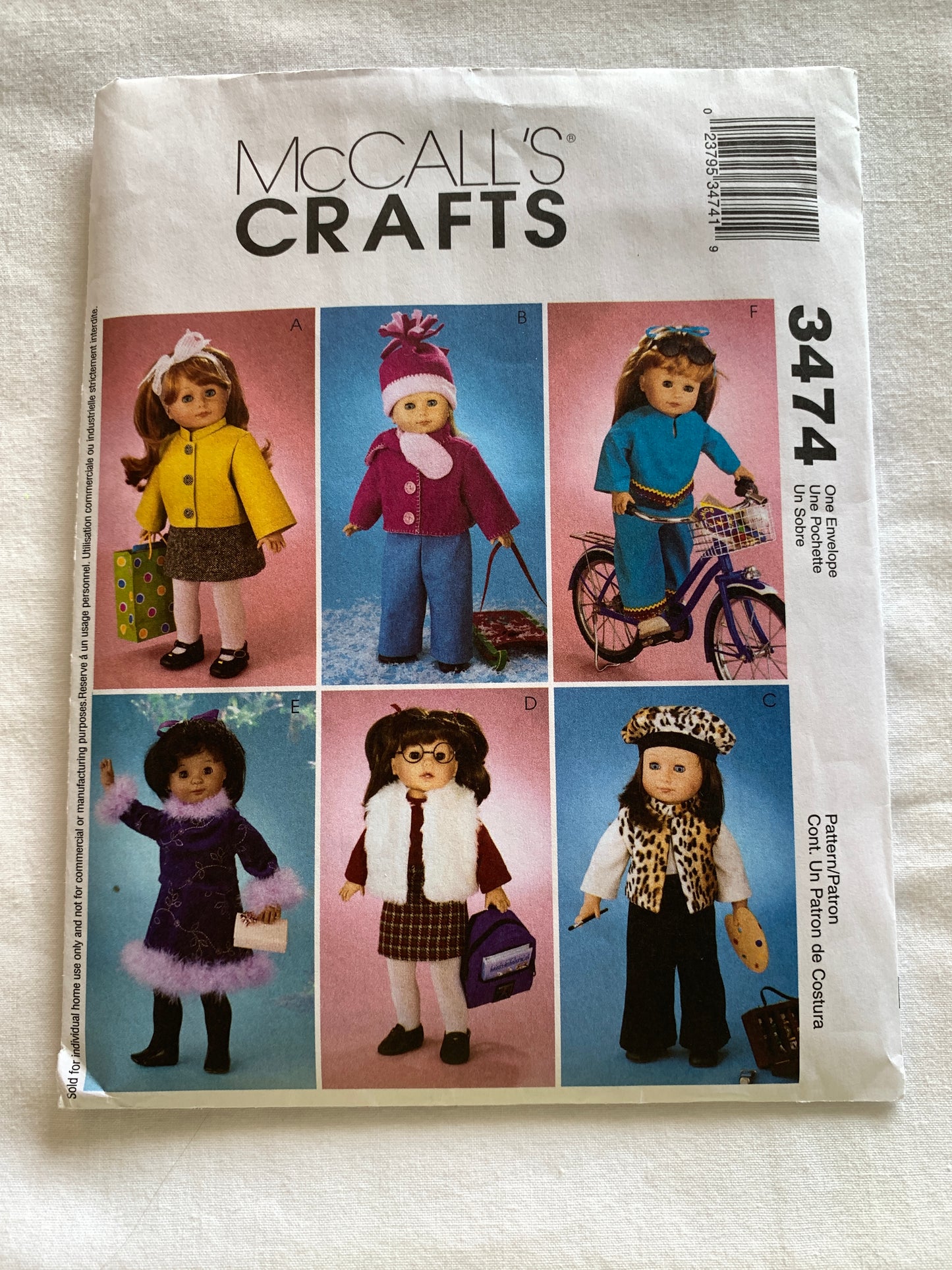 McCall's Sewing Pattern 3474 18" Doll Clothes, Jacket, Scar, Hat, Pants, Beret, Skirt, Cut, 2001