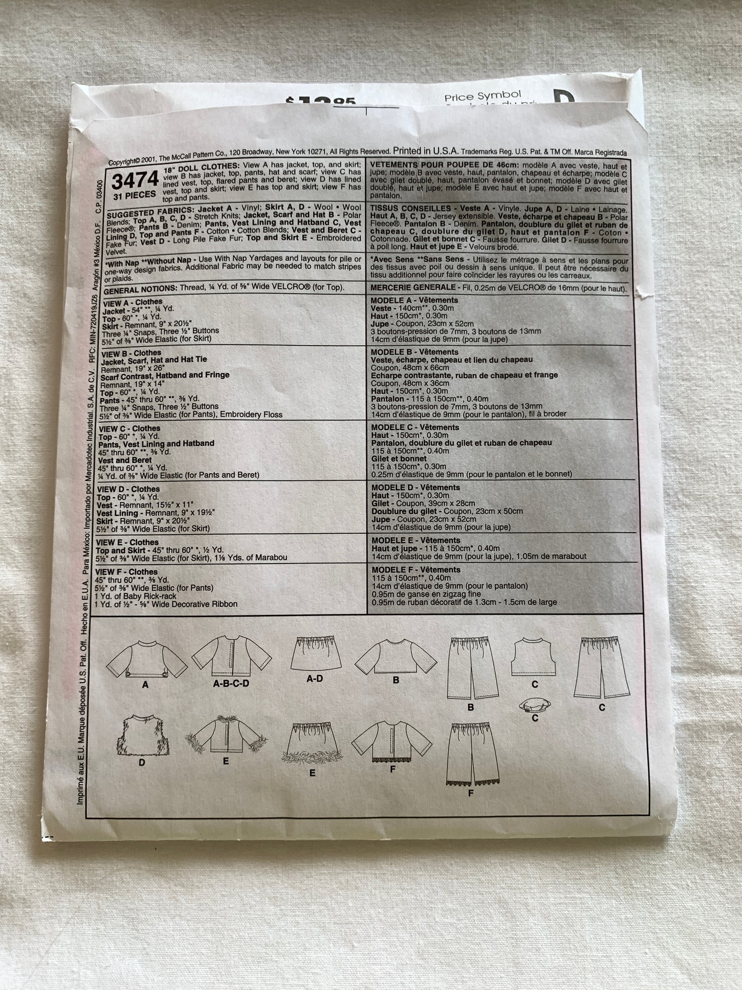 McCall's Sewing Pattern 3474 18" Doll Clothes, Jacket, Scar, Hat, Pants, Beret, Skirt, Cut, 2001