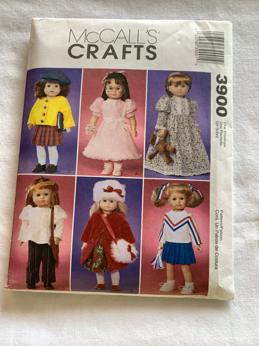 McCall's Sewing Pattern 3900 18" Doll Clothes, Dress, Coat, Nightgown, Top, Cardigan, Top, Cut, 2002