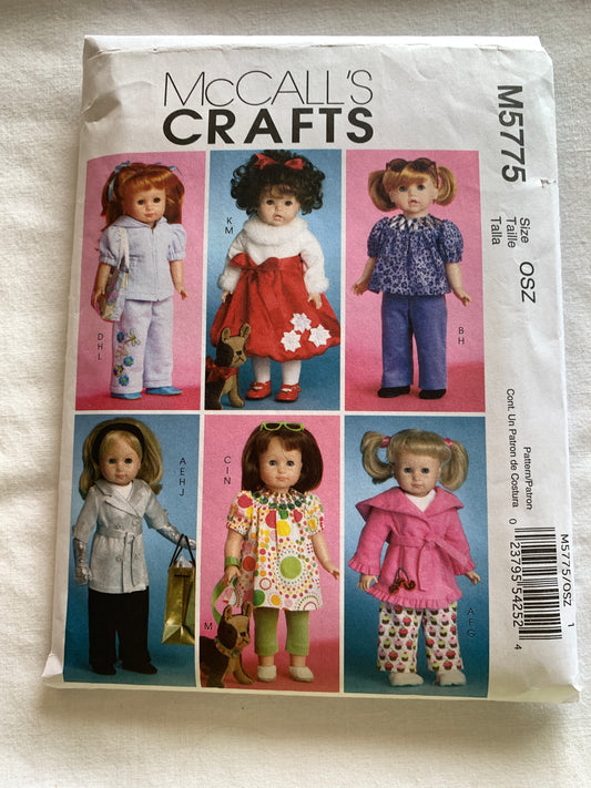 McCall's Sewing Pattern M5775 18" Doll Clothes, Toy Dog, Top, Hood, Robe, Pants, Leggings, Cloves, Dress, Tote, Cut, 2008