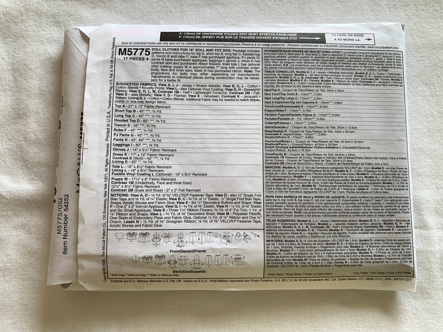 McCall's Sewing Pattern M5775 18" Doll Clothes, Toy Dog, Top, Hood, Robe, Pants, Leggings, Cloves, Dress, Tote, Cut, 2008