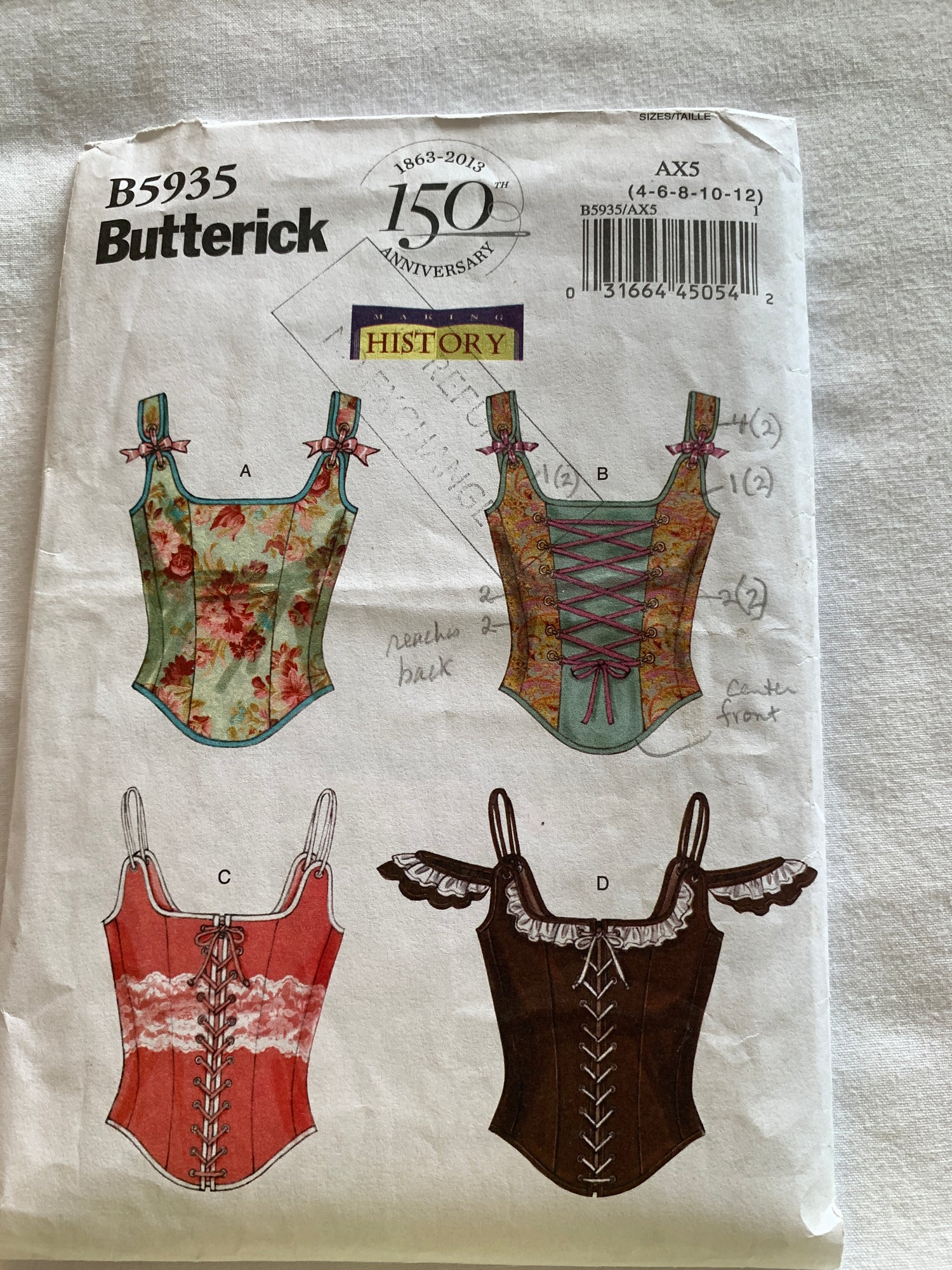 Butterick Sewing Pattern B5935 Misses' Corsets, Close-Fitting, Lace Front, 4 Variations, Shoulder Straps, Size 4-12, Cut, 2013