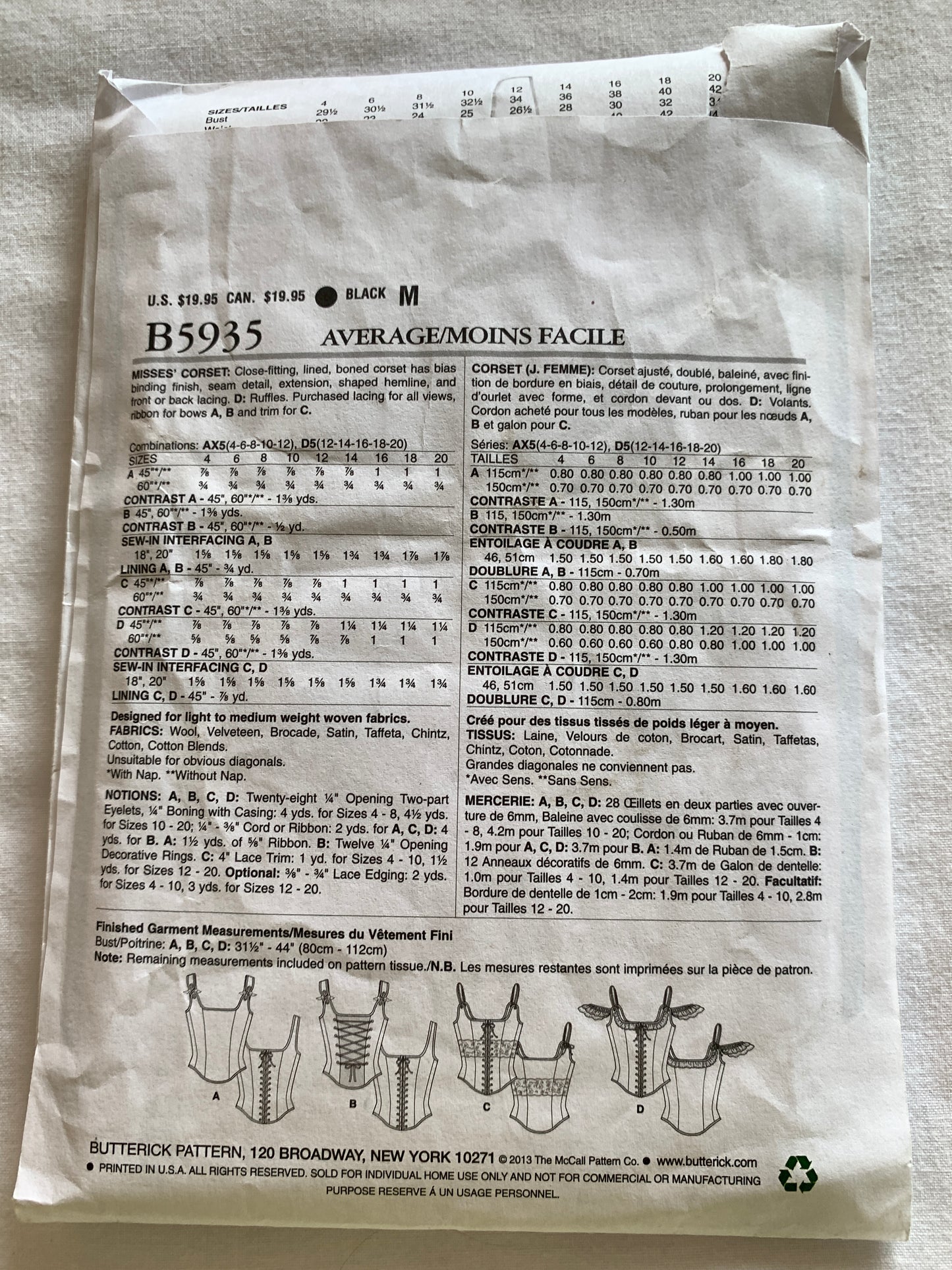 Butterick Sewing Pattern B5935 Misses' Corsets, Close-Fitting, Lace Front, 4 Variations, Shoulder Straps, Size 4-12, Cut, 2013