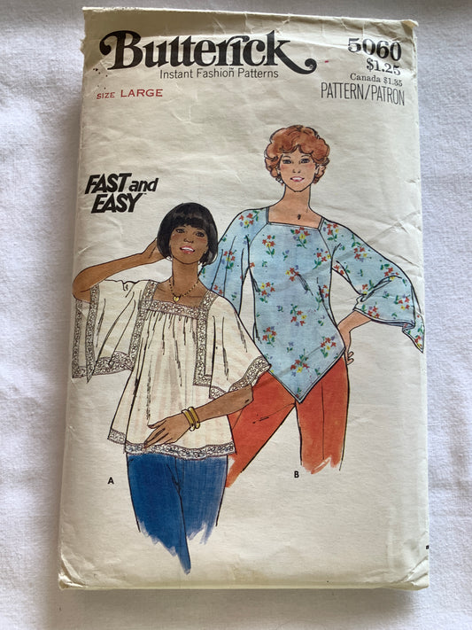 Butterick Sewing Pattern 5060 Misses' Top, Semi-Fitted, 2 Variations, Long/Short Sleeves, Pullover, Size 16-18, Cut, Vintage 1985