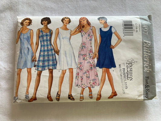 Butterick Sewing Pattern 4497 Misses' Dress, Jumpsuit, Two Lengths, Zipper, 4 Variations, Princess Seams, A-Line, Size 12-16, Cut, Vintage 1996