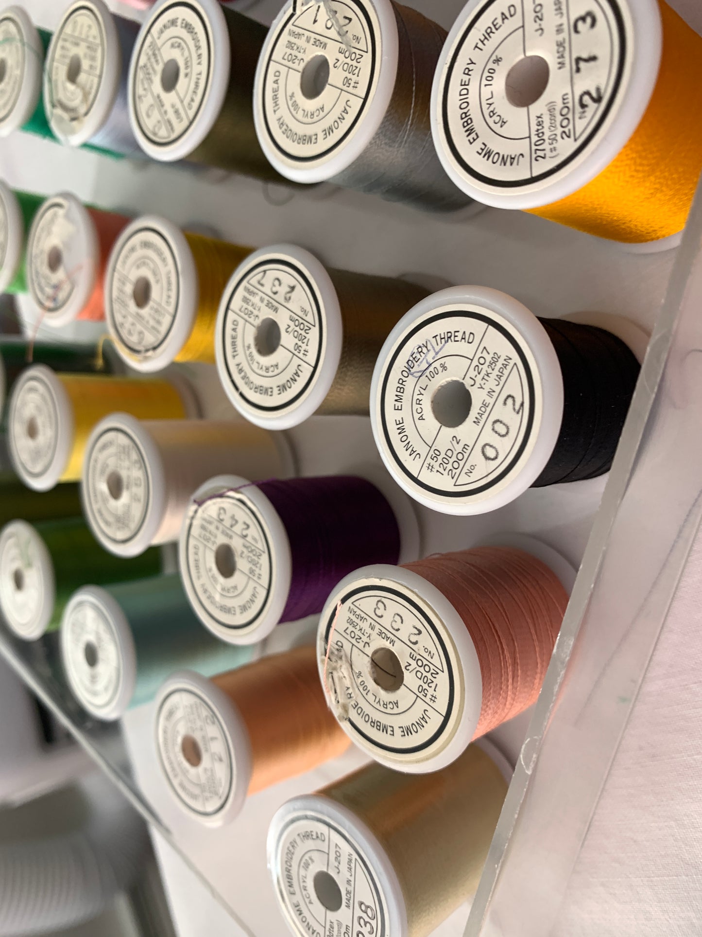 Janome Acryl 100% Embroidery Thread, Used, 40 Spools, Embroidery Thread,