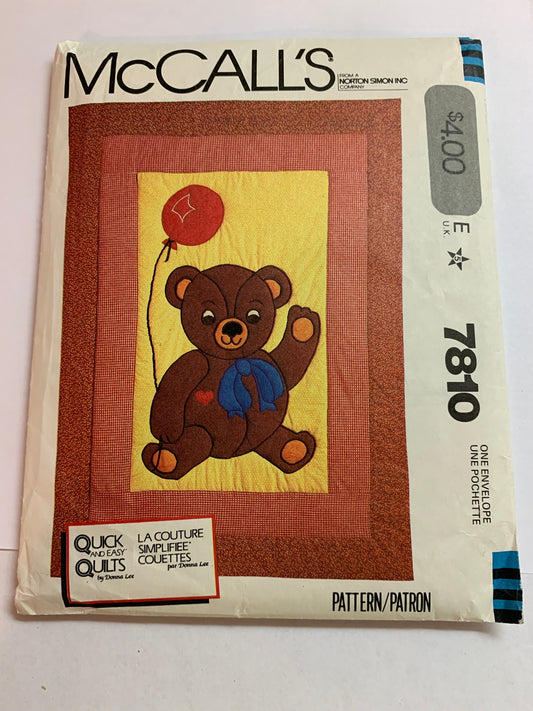 McCall's Sewing Pattern 7810 Teddy Bear Quilt, Appliques, Face, Bow, Heart, Balloon, Cut, Vintage 1981