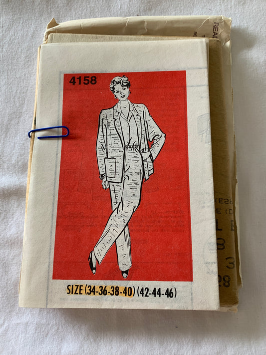 Reader Mail Sewing Pattern 4158 Misses' Jacket, Pants, Pocket, Size 34-40, Uncut, Vintage 1989