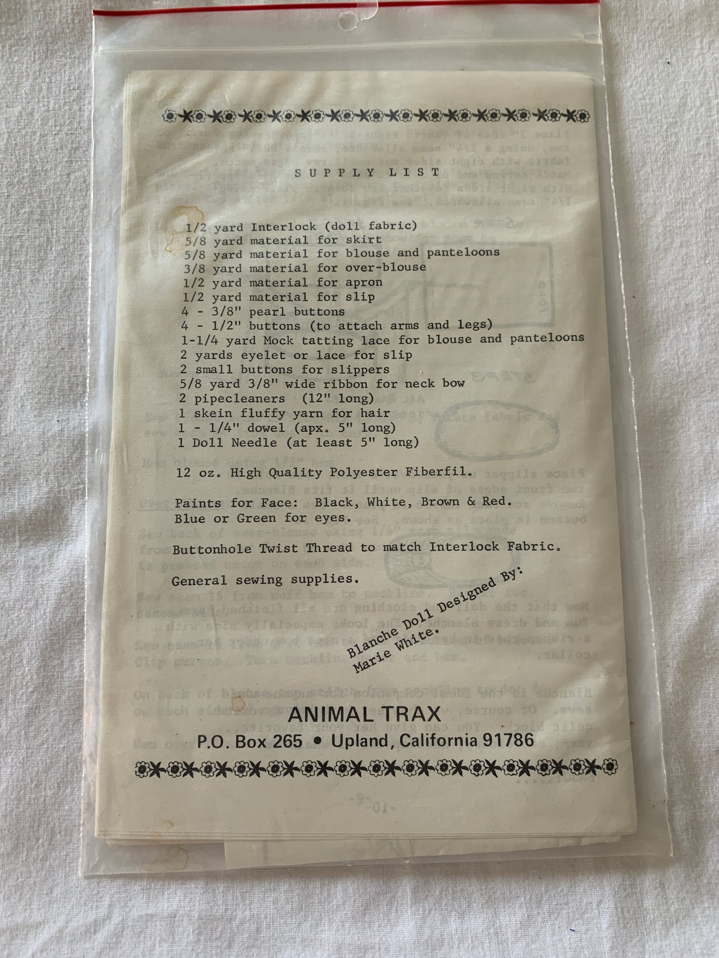Animal Trax Blanche Doll Pattern, Marie White, Instructions Only, 1982