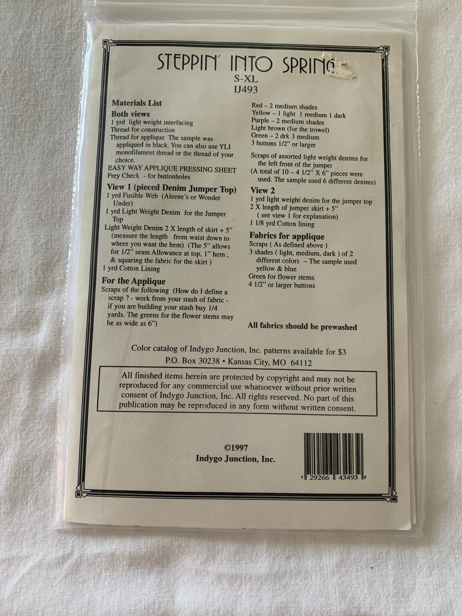 Indygo Junction Sewing Pattern IJ493 Misses' Jumper, Dress, 2 Variations, Size S-XL, Uncut, Vintage 1997
