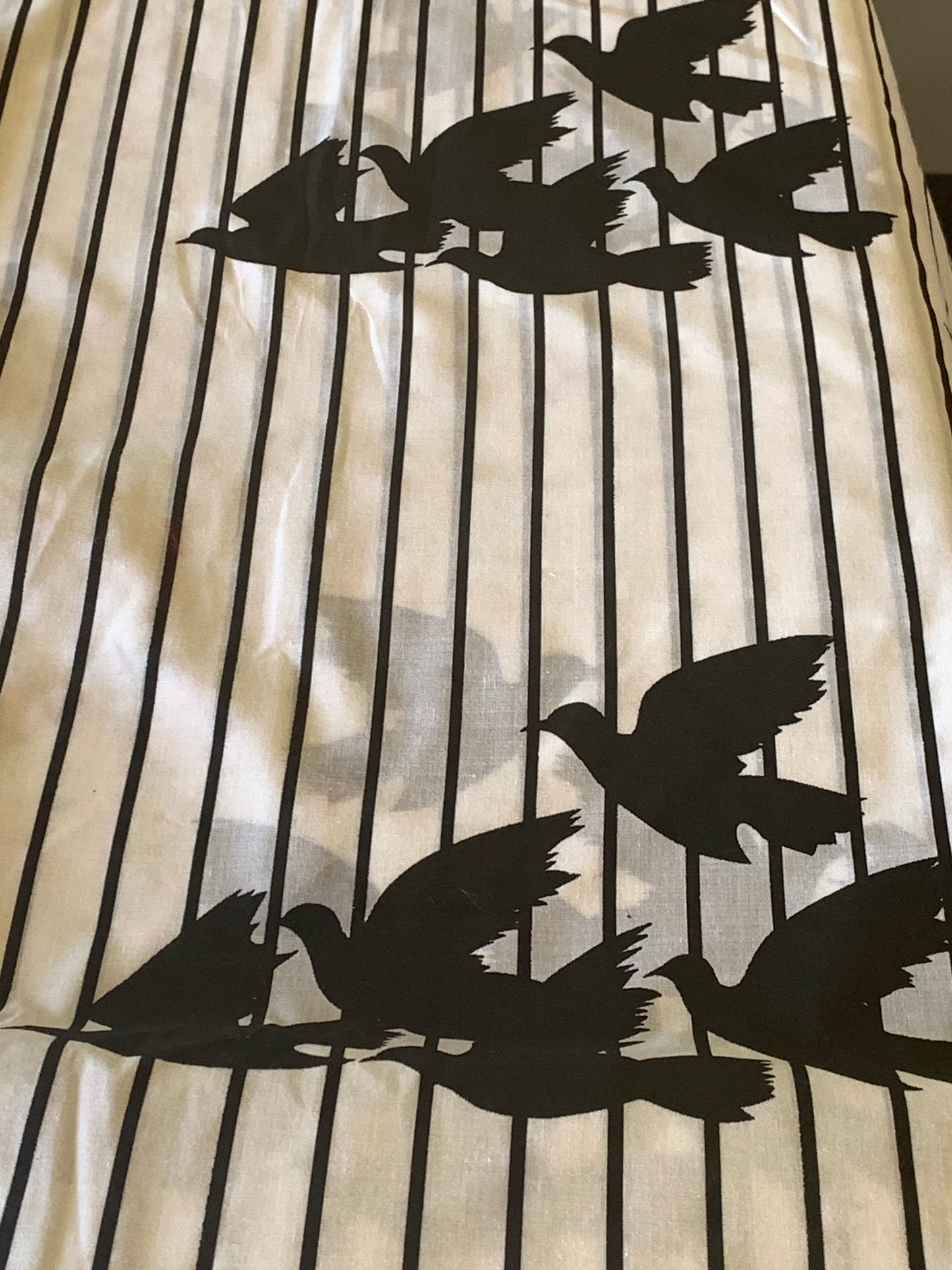White, Black Stripes, Black Birds, Cotton Fabric 45 x 468 Inches, New/Old Stock