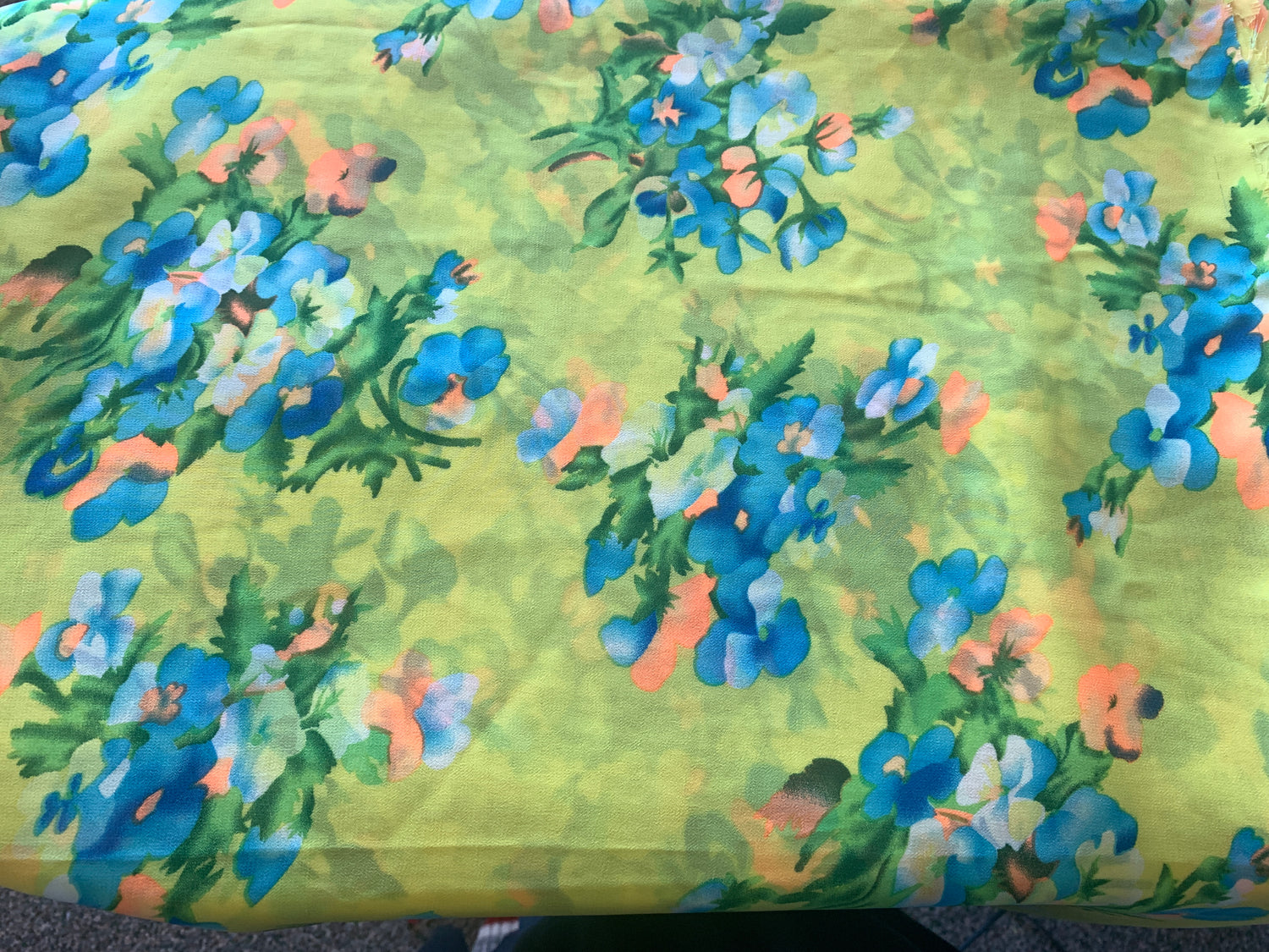 Yellow, Blue Flowers, Polyester Silk Fabric 54 x 322 Inches, New/Old Stock