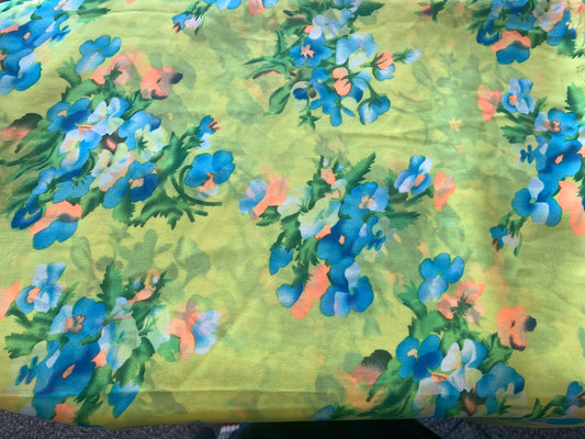 Yellow, Blue Flowers, Polyester Silk Fabric 54 x 322 Inches, New/Old Stock