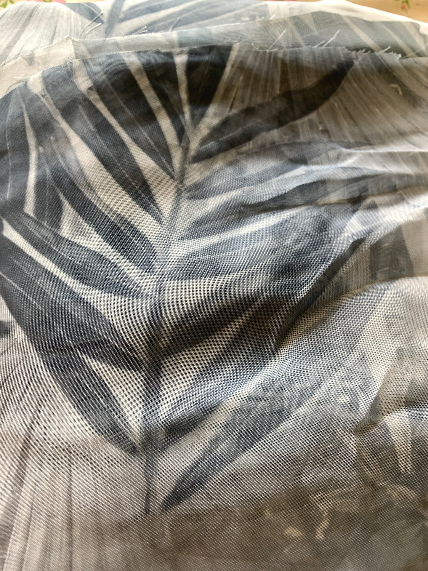 Sheer Silk Chiffon, Smoky Blue with Flower Design, Approx 70  x 400 Inches, New/Old Stock