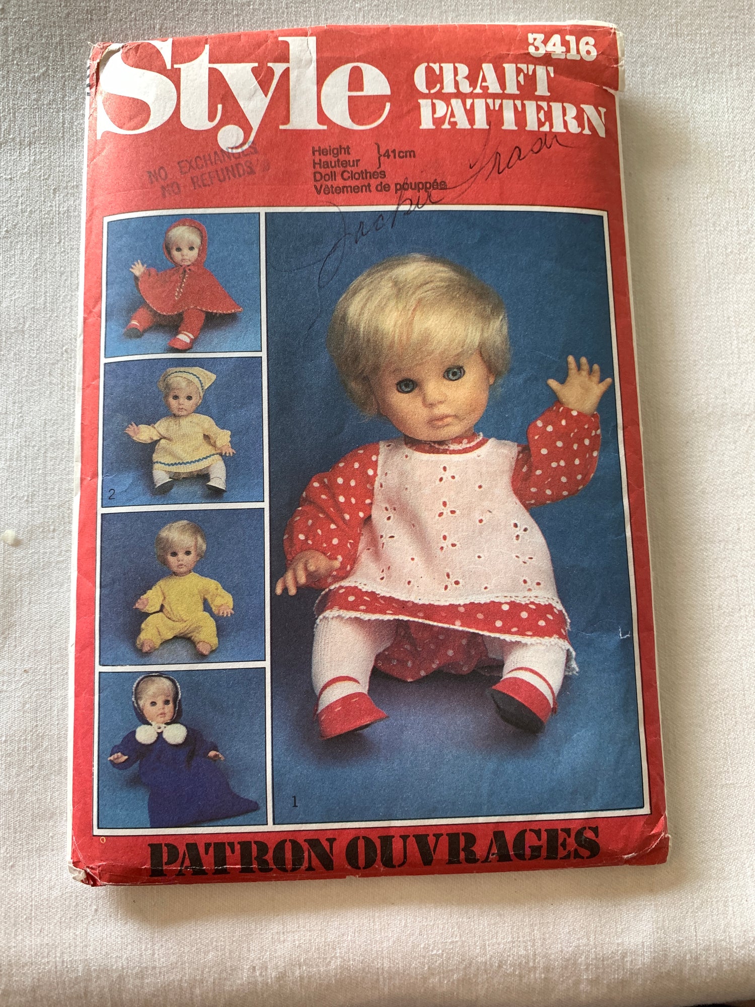 Style Sewing Pattern 3416 Crafts 16" First Love Doll, Baby Doll's Wardrobe, Sleeping Bag, Dress, Uncut, Vintage 1981