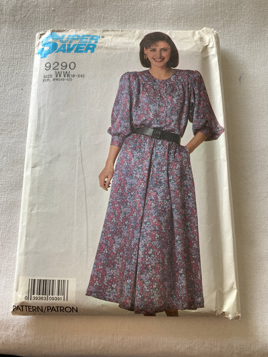 Simplicity Sewing Pattern 9290 Super Saver Misses'/Misses' Petite Dress, Pullover, Long Sleeves, Size 18-24, Uncut, Vintage 1982