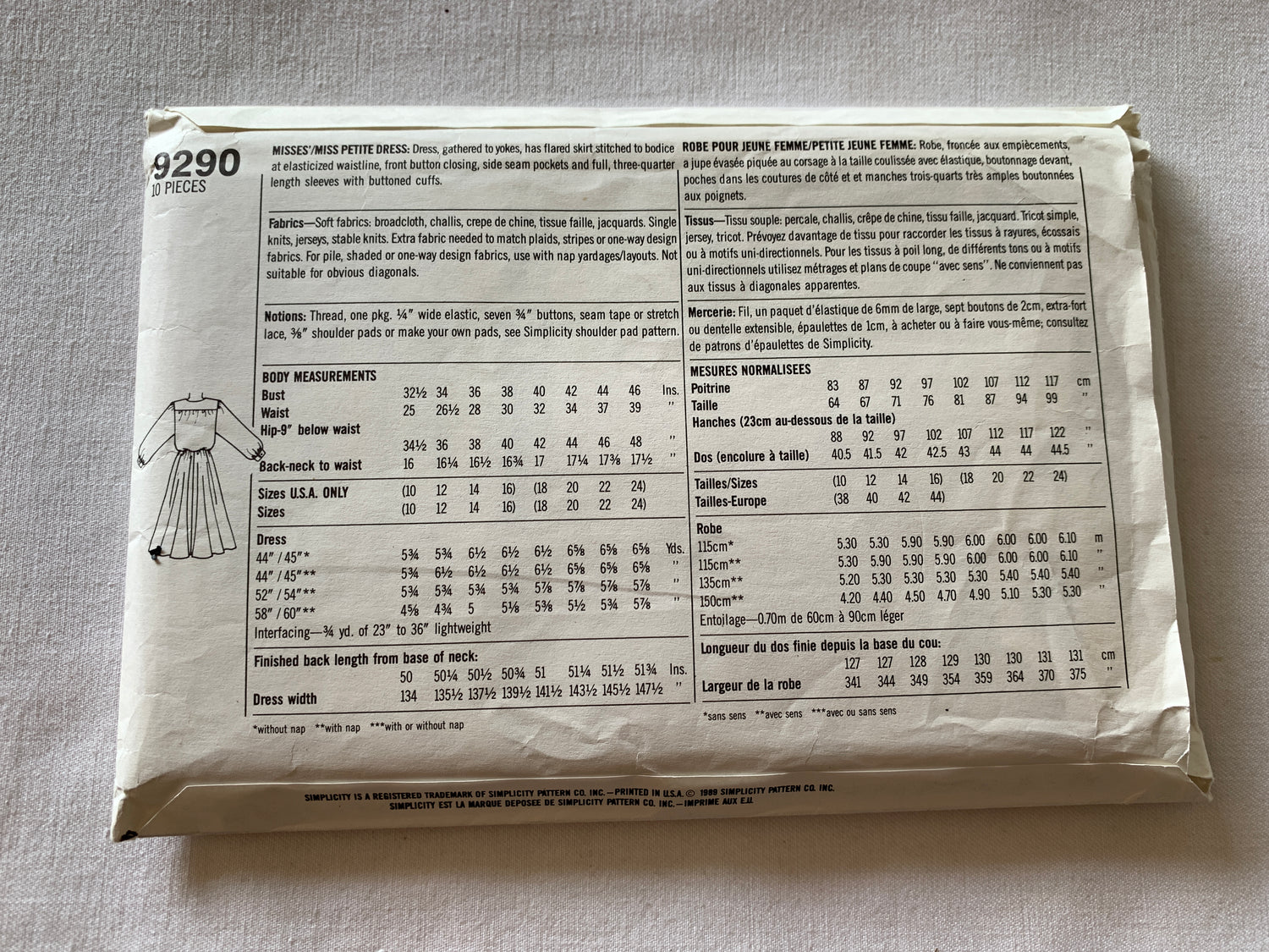Simplicity Sewing Pattern 9290 Super Saver Misses'/Misses' Petite Dress, Pullover, Long Sleeves, Size 18-24, Uncut, Vintage 1982