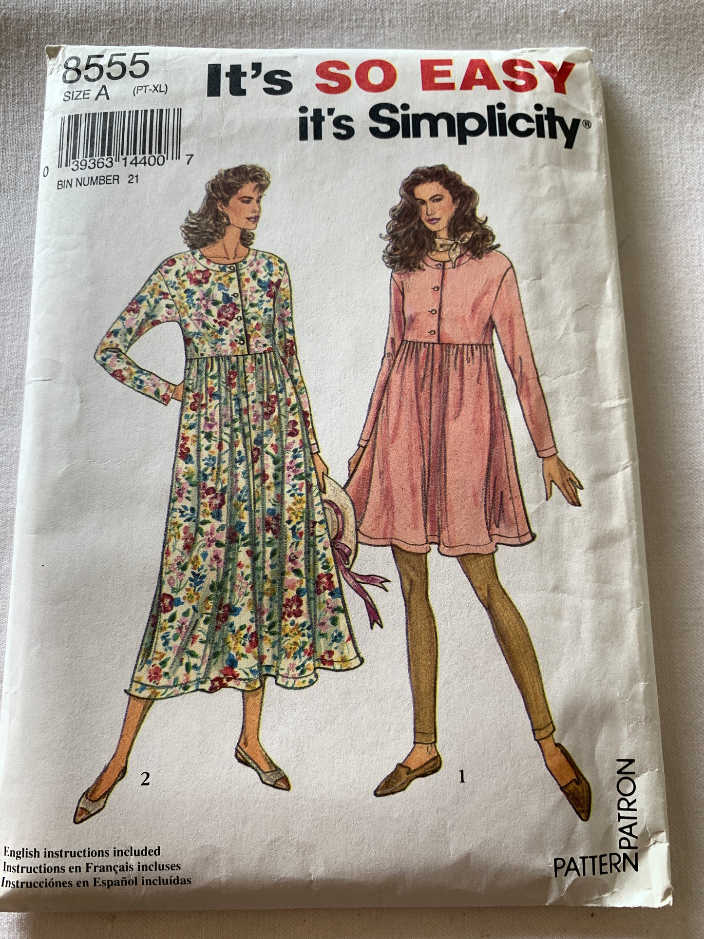 Simplicity Sewing Pattern 8555 Misses' Dresses, Two Lengths, Pullover, Gathered Waist, Long Sleeves, Size 6-24, Uncut, Vintage 1993