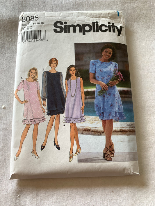 Simplicity Sewing Pattern 8085 Misses' Dress, Long/Short Sleeves, Sleeveless, Zipper Back, Size 14-18, Uncut, Vintage 1998